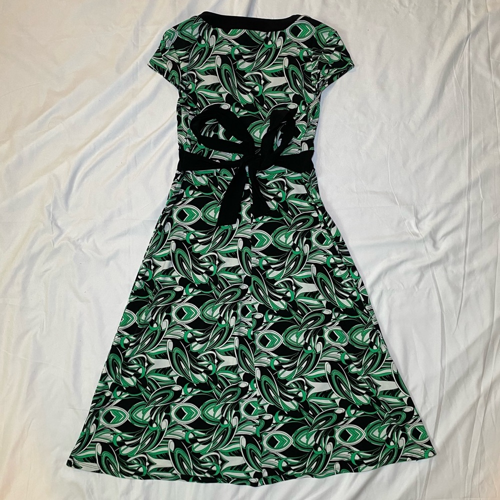Vintage 00s Y2K Green and Black Abstract Patterned Midi Dress with Tie Back - Picture 3 of 7